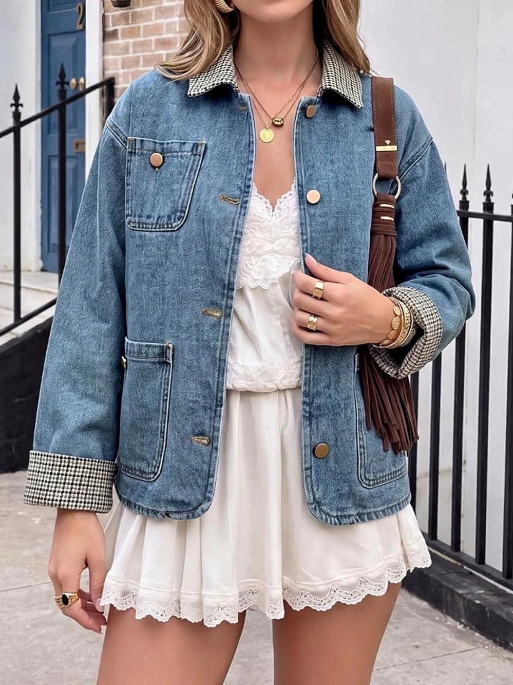 Houndstooth Collar Denim Jacket